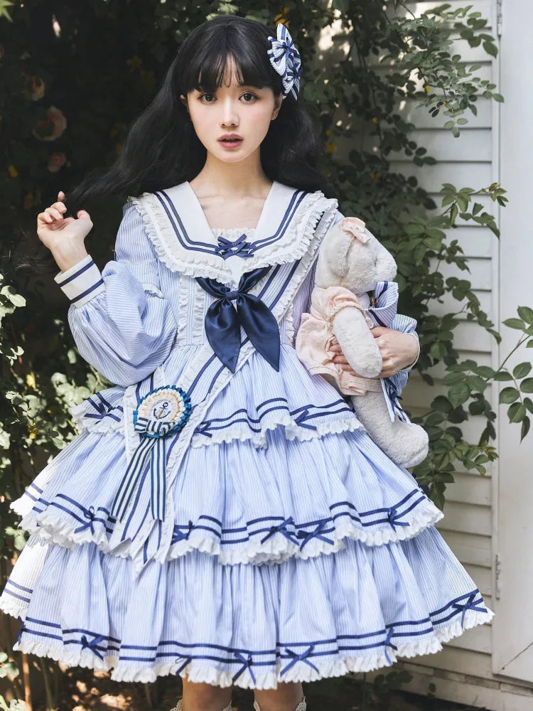 Sailor Striped OP Set Rock Sommer Full Lolita Muster Kleid Blau Tiered