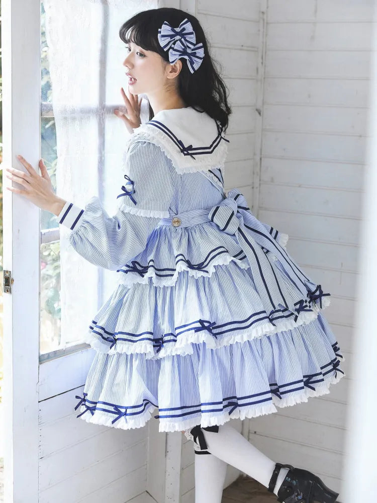 Sailor Striped OP Set Rock Sommer Full Lolita Muster Kleid Blau Tiered