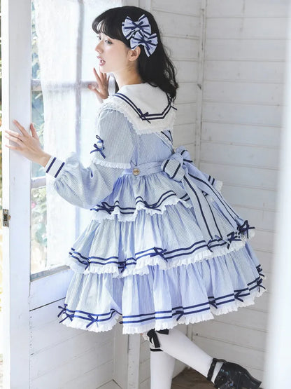 Sailor Striped OP Set Rock Sommer Full Lolita Muster Kleid Blau Tiered