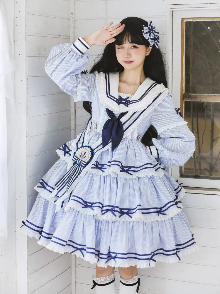 Sailor Striped OP Set Rock Sommer Full Lolita Muster Kleid Blau Tiered