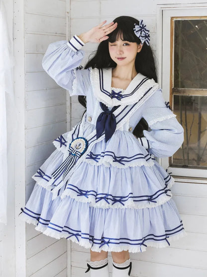 Sailor Striped OP Set Rock Sommer Full Lolita Muster Kleid Blau Tiered