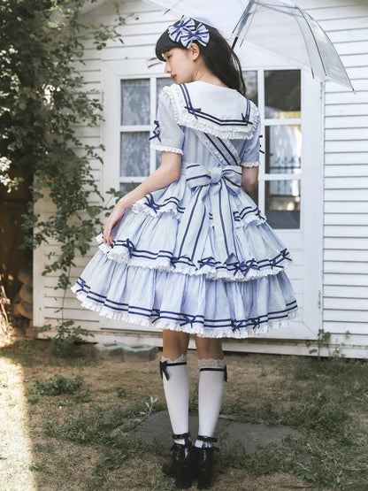 Sailor Striped OP Set Rock Sommer Full Lolita Muster Kleid Blau Tiered