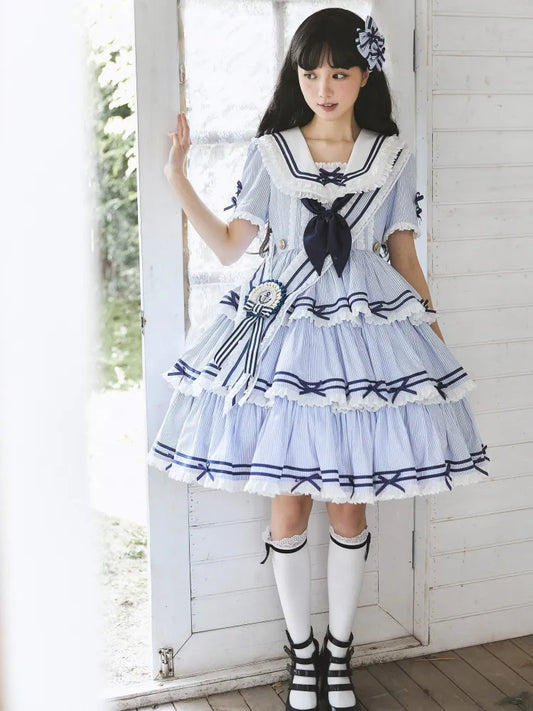 Sailor Striped OP Set Rock Sommer Full Lolita Muster Kleid Blau Tiered