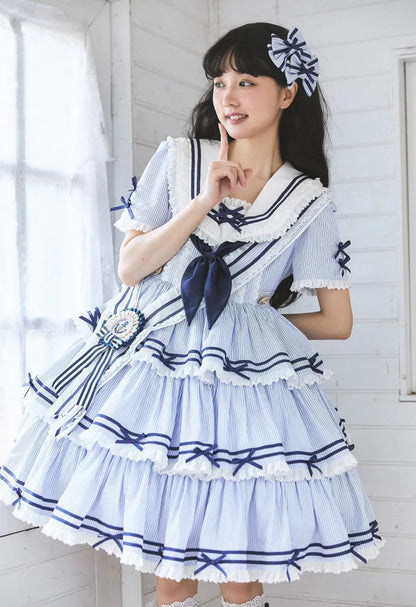 Sailor Striped OP Set Rock Sommer Full Lolita Muster Kleid Blau Tiered
