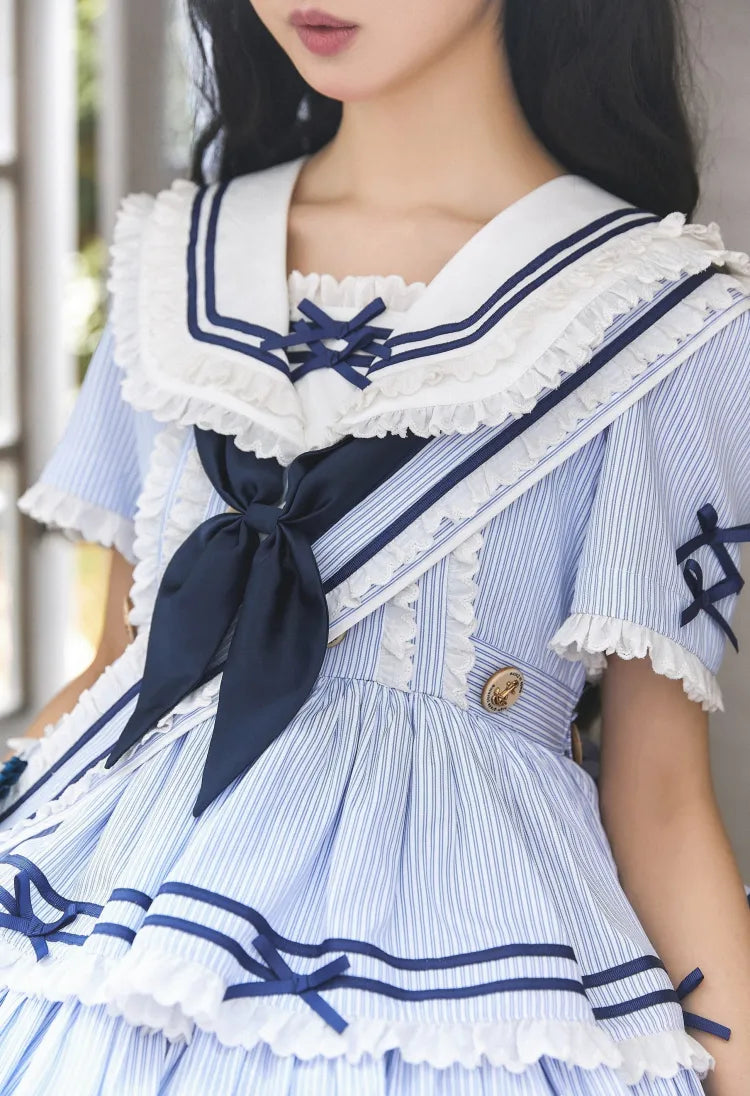 Sailor Striped OP Set Rock Sommer Full Lolita Muster Kleid Blau Tiered
