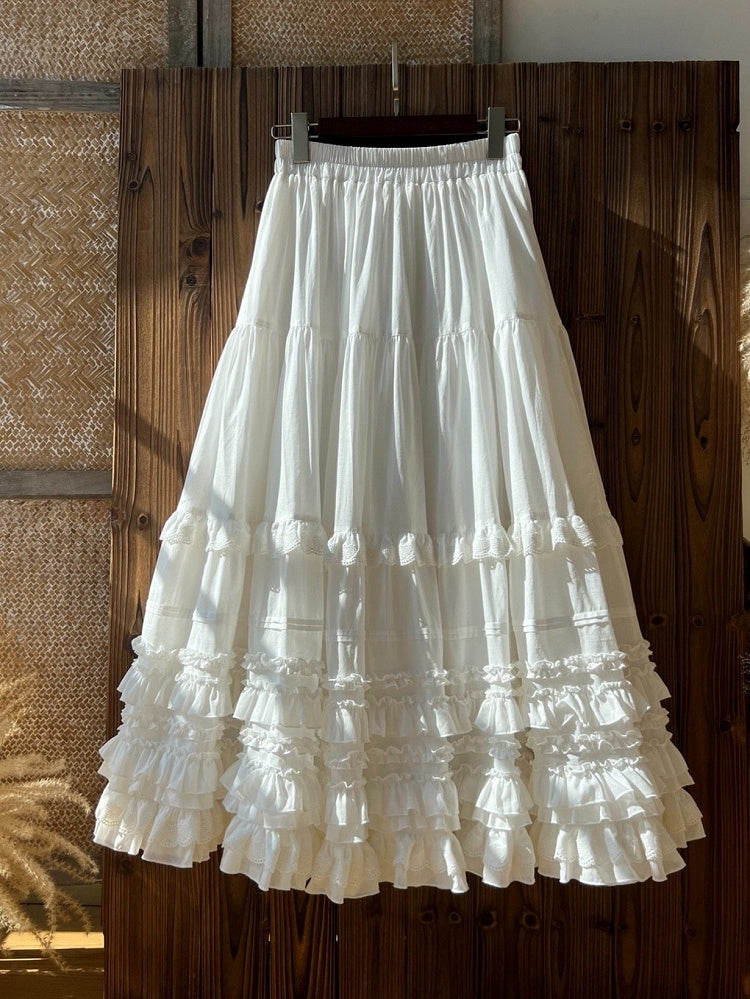 Elegant Cotton Multi-Layer Lolita Skirt White Ruffled Loose Hem