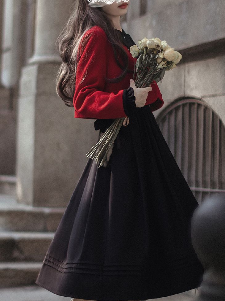 Ruffle Neckline Black Vintage Bishop Sleeves Dress