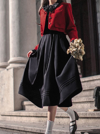 Ruffle Neckline Black Vintage Bishop Sleeves Dress