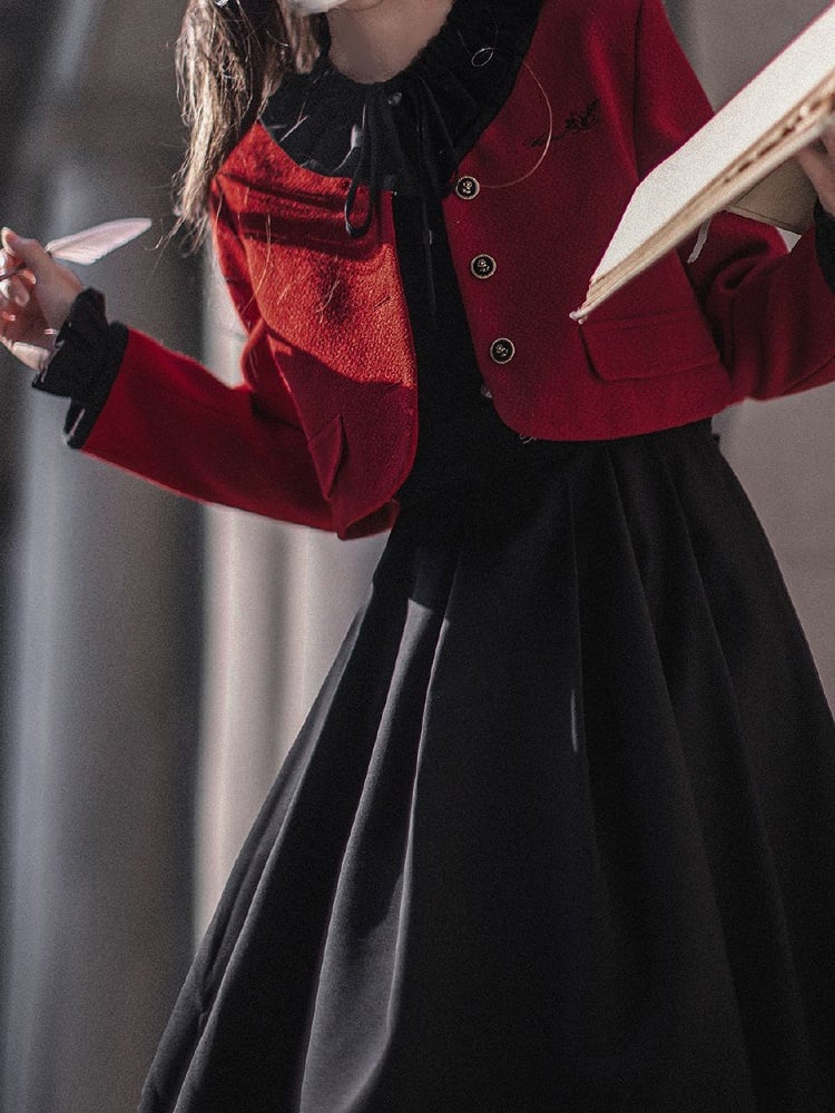 Floral Embroidery Jacket Red Tweed