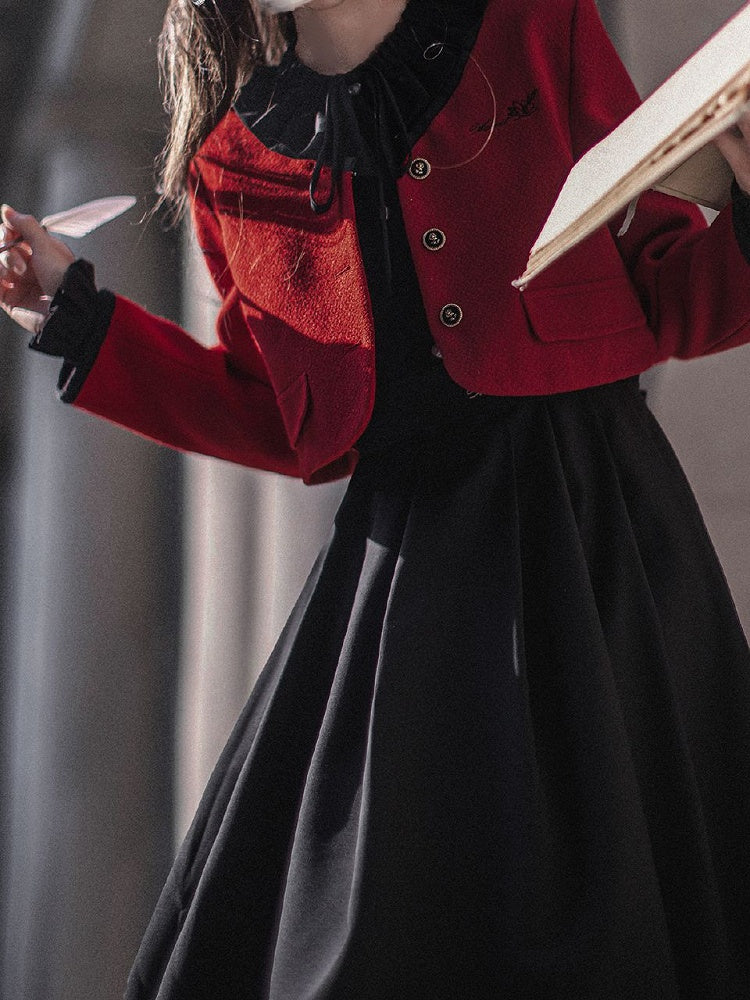 Ruffle Neckline Black Vintage Bishop Sleeves Dress