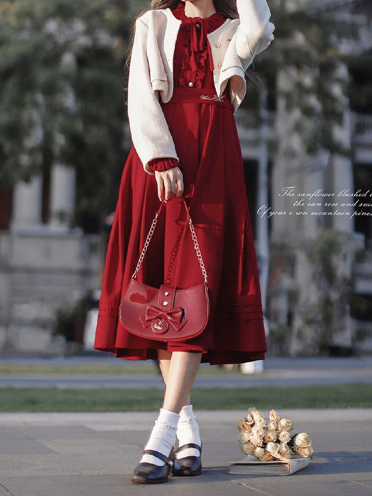 Ruffle Vintage Red Bishop Neckline Wine Dress Sleeves