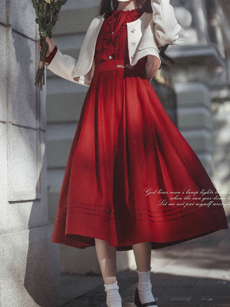 Ruffle Vintage Red Bishop Neckline Wine Dress Sleeves