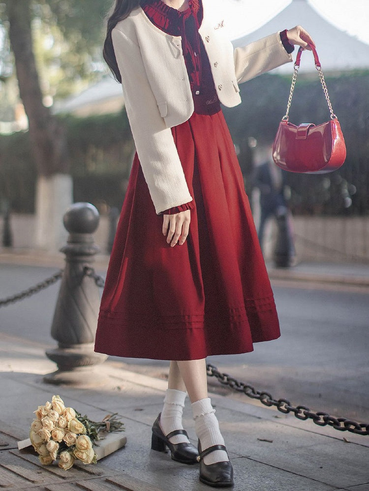 Ruffle Vintage Red Bishop Neckline Wine Dress Sleeves