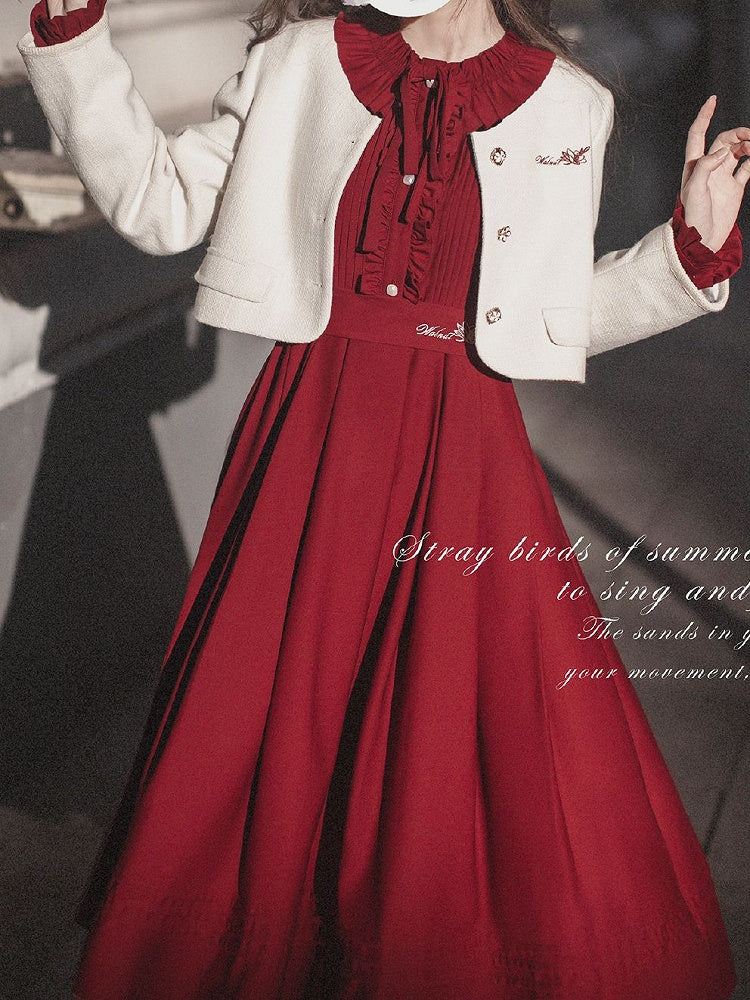 Ruffle Vintage Red Bishop Neckline Wine Dress Sleeves