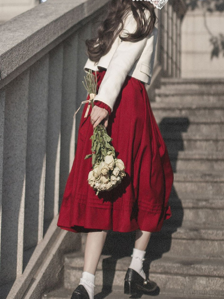 Ruffle Vintage Red Bishop Neckline Wine Dress Sleeves