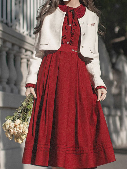 Ruffle Vintage Red Bishop Neckline Wine Dress Sleeves