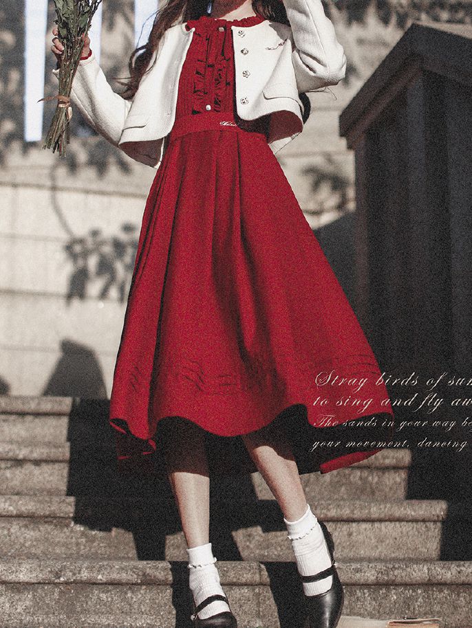 Ruffle Vintage Red Bishop Neckline Wine Dress Sleeves