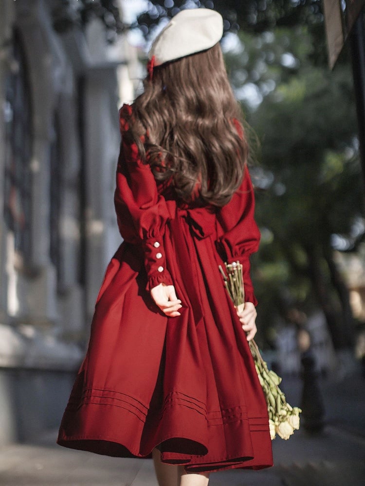 Ruffle Vintage Red Bishop Neckline Wine Dress Sleeves