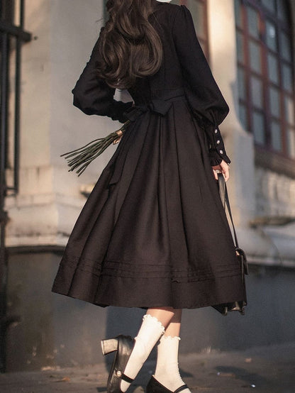 Ruffle Neckline Black Vintage Bishop Sleeves Dress