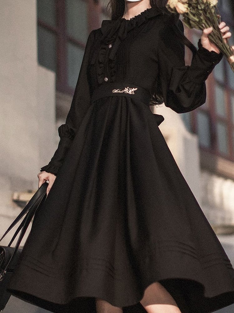 Ruffle Neckline Black Vintage Bishop Sleeves Dress