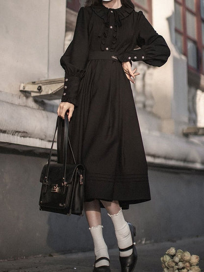 Ruffle Neckline Black Vintage Bishop Sleeves Dress