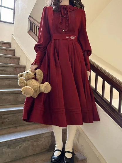 Ruffle Vintage Red Bishop Neckline Wine Dress Sleeves