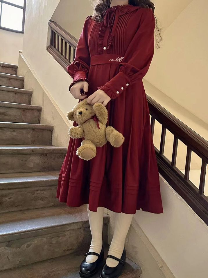 Ruffle Vintage Red Bishop Neckline Wine Dress Sleeves