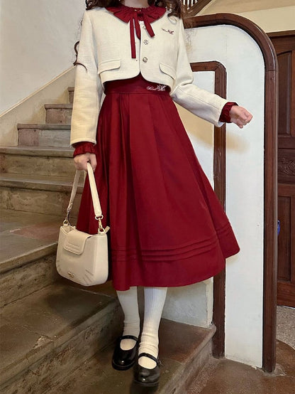 Ruffle Vintage Red Bishop Neckline Wine Dress Sleeves