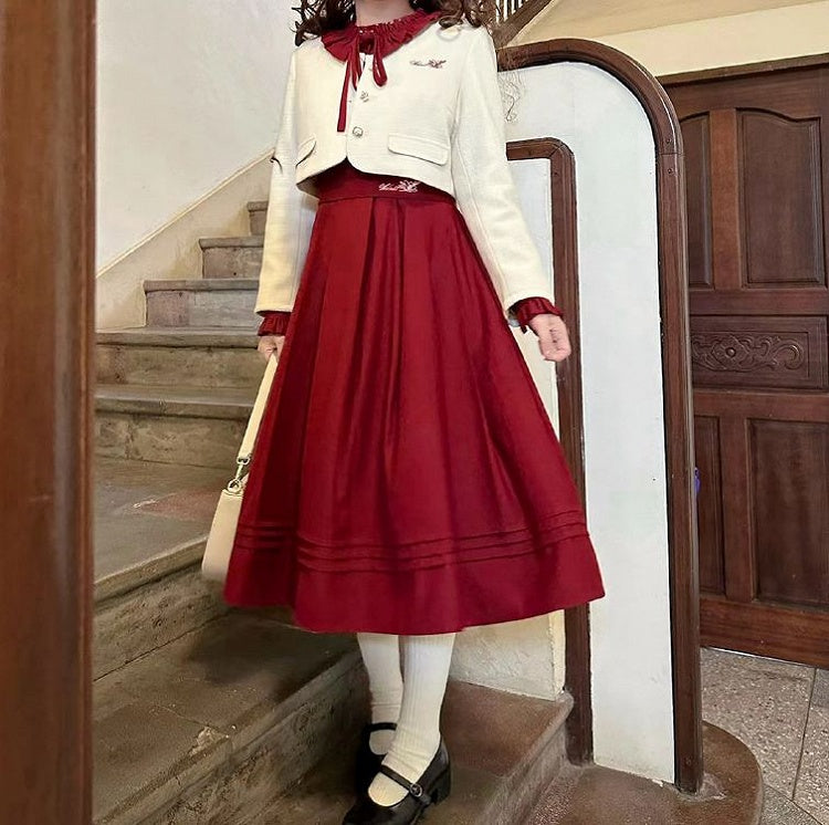 Ruffle Vintage Red Bishop Neckline Wine Dress Sleeves