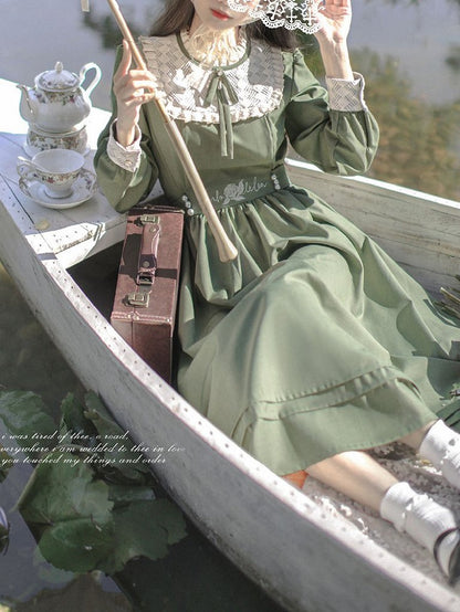 Rüschen Floral Vintage Ausschnitt Kleid Grün Stickerei Matcha mit