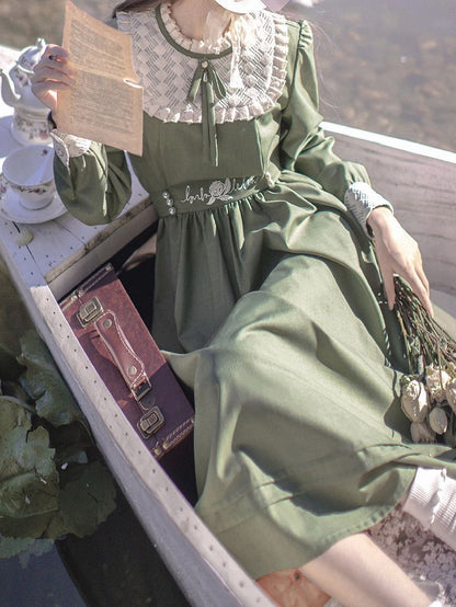 Rüschen Floral Vintage Ausschnitt Kleid Grün Stickerei Matcha mit