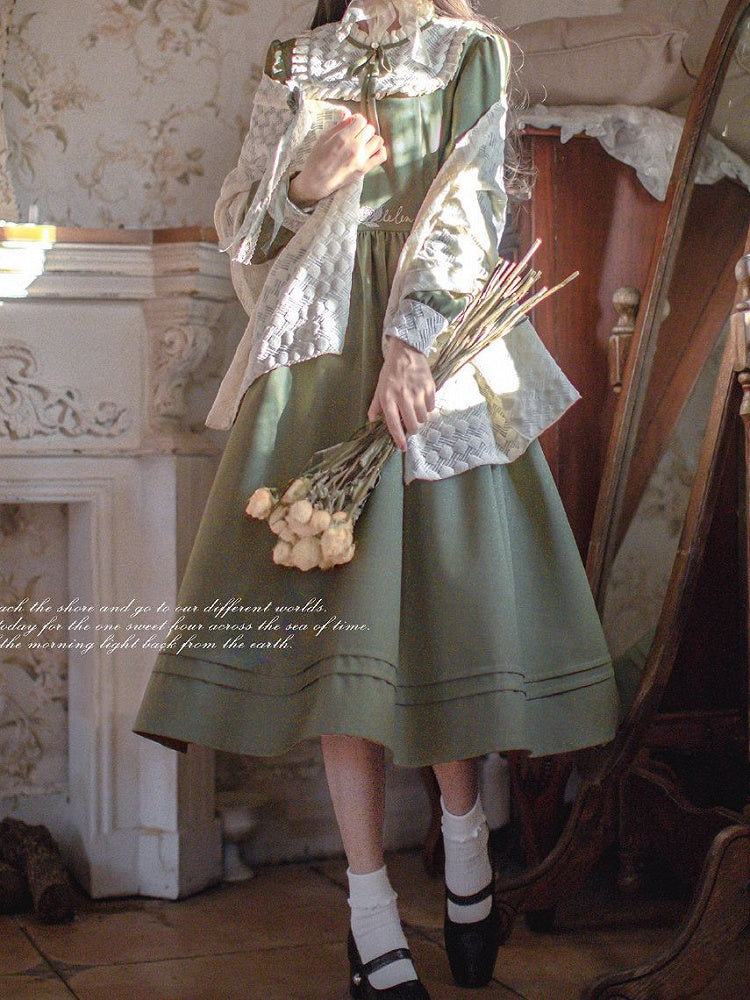 Rüschen Floral Vintage Ausschnitt Kleid Grün Stickerei Matcha mit