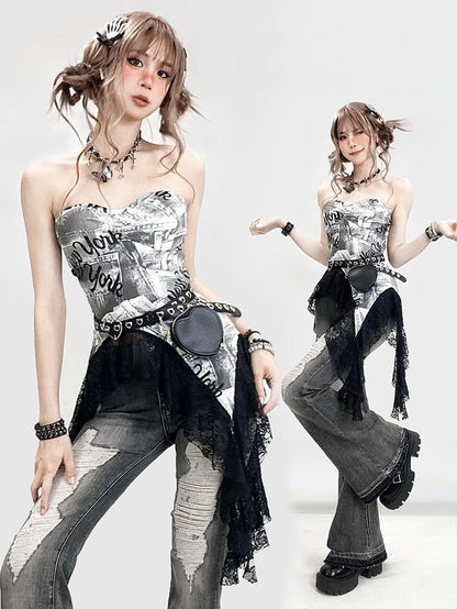 プリントレーストリム ビタースイートヘム レタートップ アシンメトリーチューブ グレー