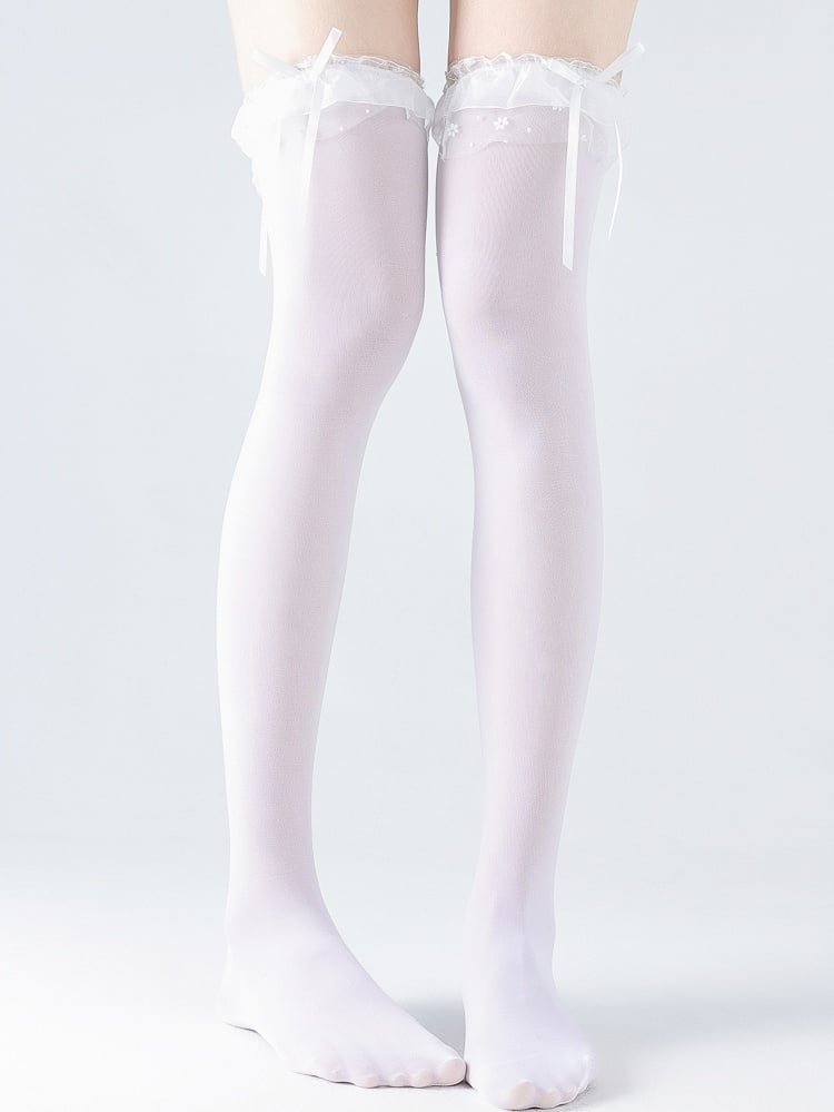 Yellow White/Black/Creamy Frill Bow Decoration Stockings Velvet Lolita