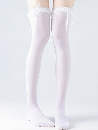 Yellow White/Black/Creamy Frill Bow Decoration Stockings Velvet Lolita