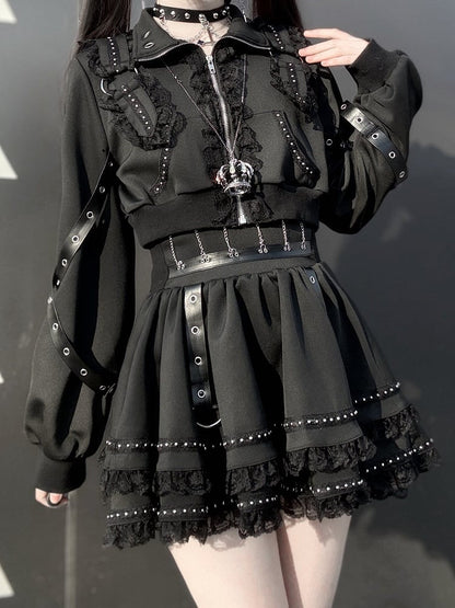 Jirai Bow Skirt + Black Lace Set Zipper Decor Kei Chain-Waist Leather Leg Strap Top Warmers