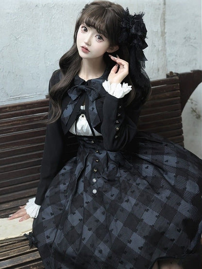 Black Lolita Coat with Heart & Plaid Pattern and Bow Accent - Inmorelli