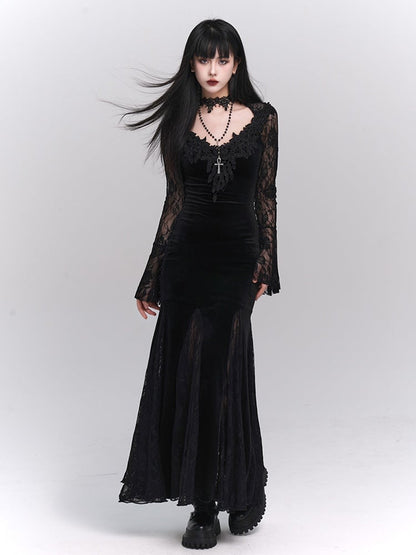Black/Wine Red Gothic Lace Bell Sleeves Velvet Mermaid Dress