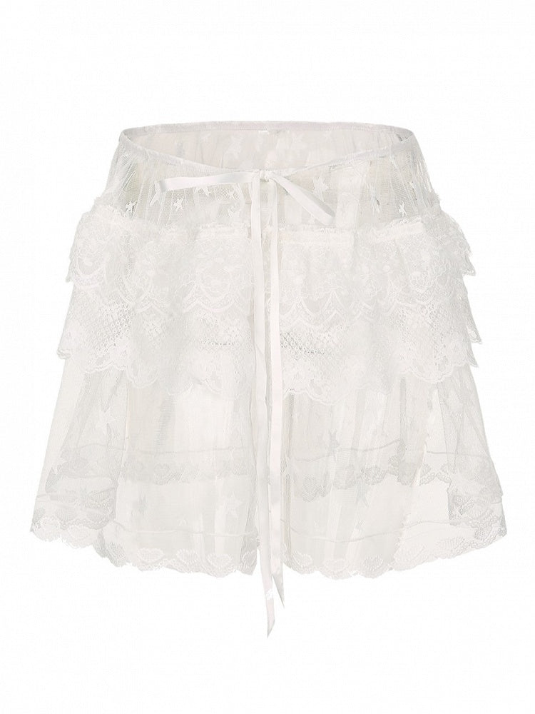 Y2K Size Embroidery Plus Floral White Overskirt Star with Sheer