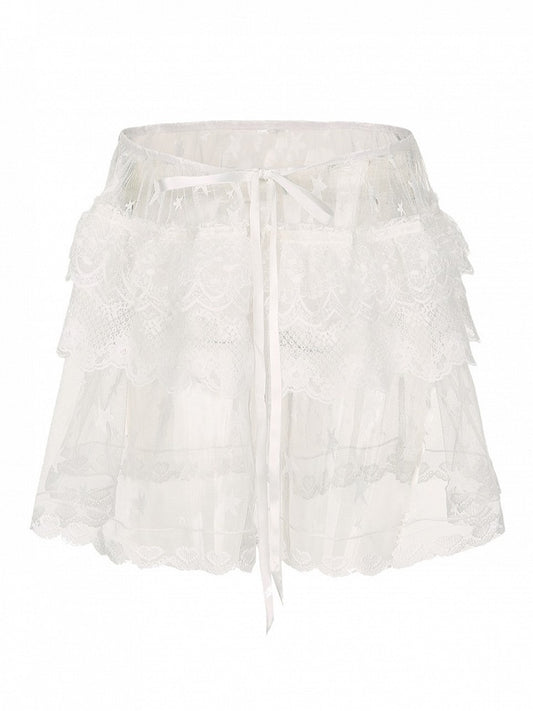 Y2K Size Embroidery Plus Floral White Overskirt Star with Sheer