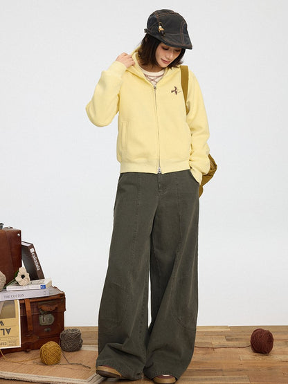 Zipper Placket Yellow Hoodie Kawaii Double-Pull