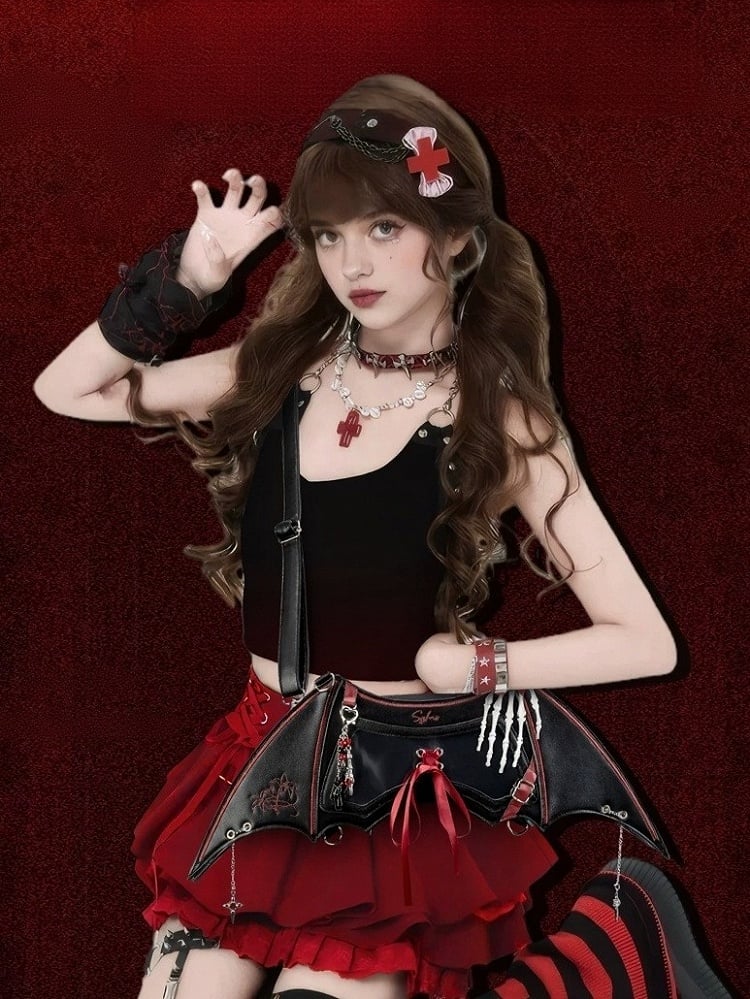 Gothic Style Batwing Shoulder Bag with Skull Bone Decor - thejunco