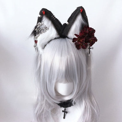 Charm Gothic Wolf Cross Ear Fur Faux KC Rosette With
