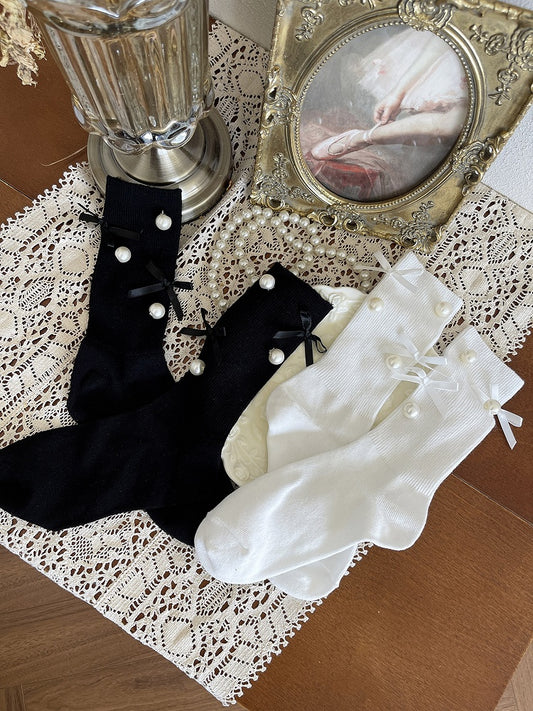 Socks White/Black Decorated Bow Beadand
