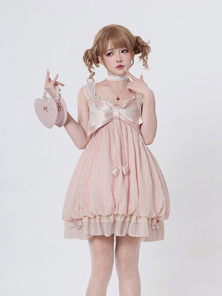 Pink Bow Polka Dot Sleeveless Bubble Dress with Lace - Tan Tuan