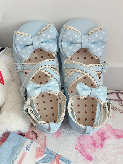 Mary with Janes Snap Heart-shaped Blue Lolita Bow Closure Lace-trimmed Sweet