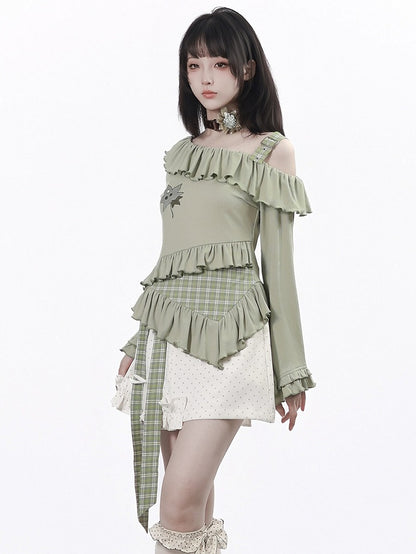 Light Green Asymmetrical Flare Sleeve Top with Ruffle and Leaf Embroidery - PINK SAVIOR
