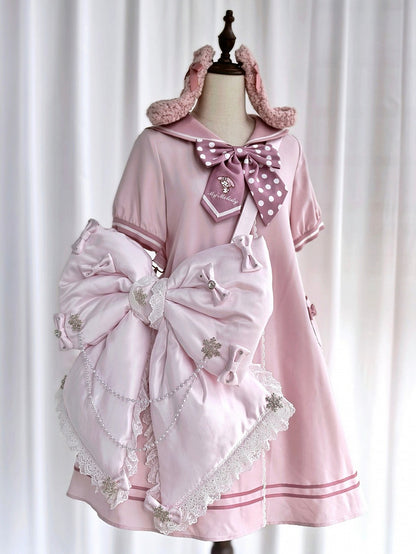 Big with Backpack Snowflakes Adorned Chain Bead Bow and Pink Sweet