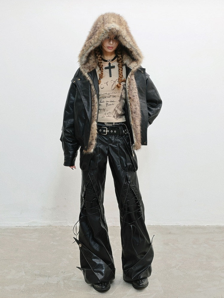 Accent with Jacket - Zip Snap Hooded Style Closure Punk Plush Details Black