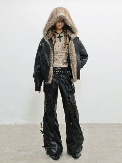 Accent with Jacket - Zip Snap Hooded Style Closure Punk Plush Details Black